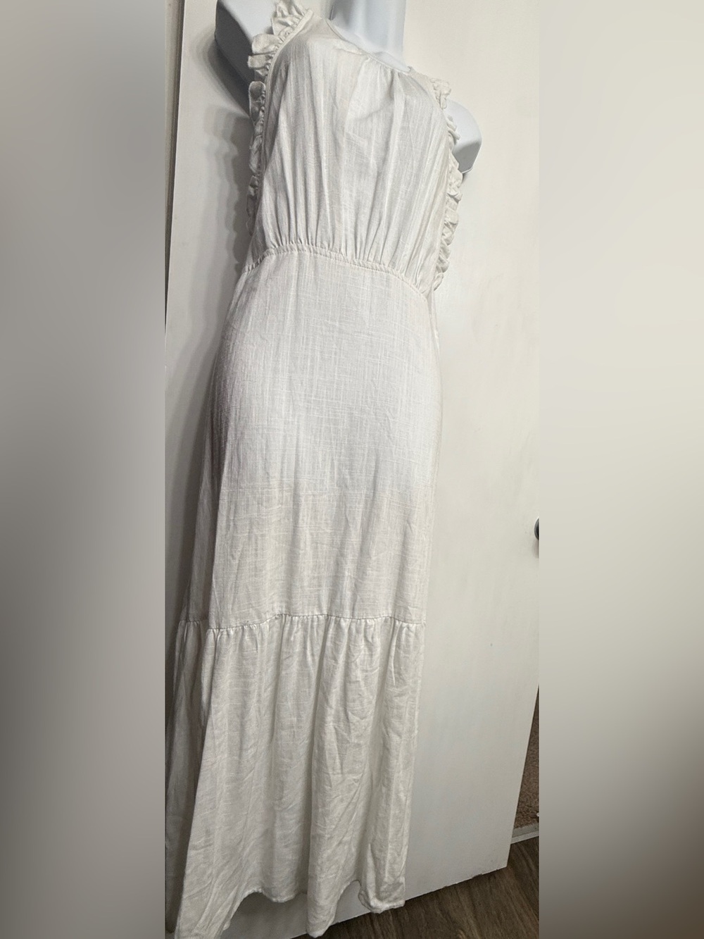 SASS white linen Tiered Maxi Dress with Ruffled Straps